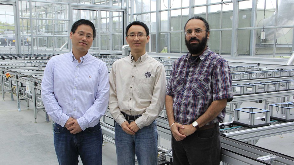 Hongfeng Yu (from left), Yufeng Ge and Harkamal Walia have received a National Science Foundation grant to develop a multi-wavelength laser ranging and imaging instrument for phenotyping plant shoots at the whole-plant level.