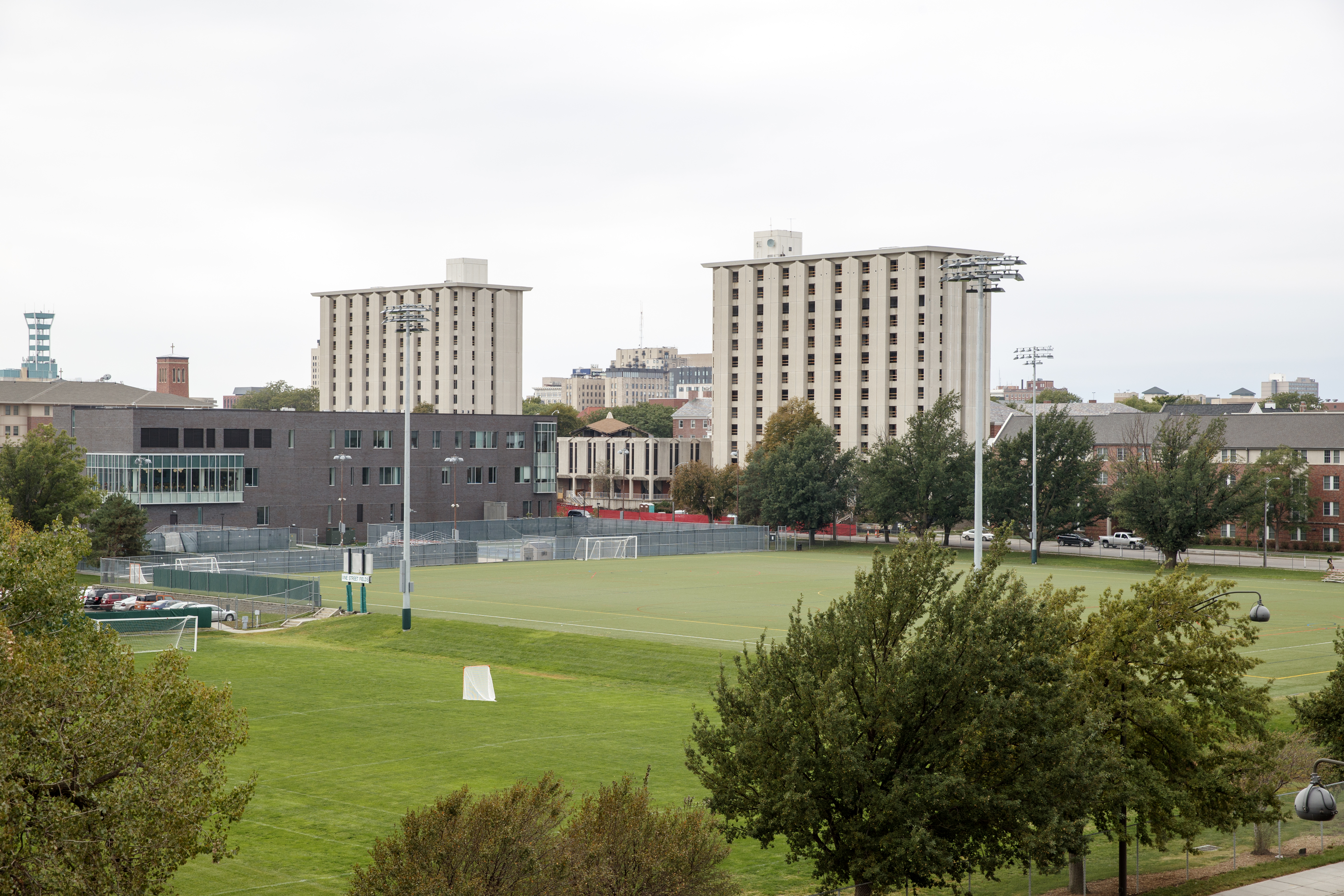 View of Pound (left) and Cather halls from the top floor of the 17th and Vine parking garage. The garage will serve as the public viewing area during the Dec. 22 implosion.