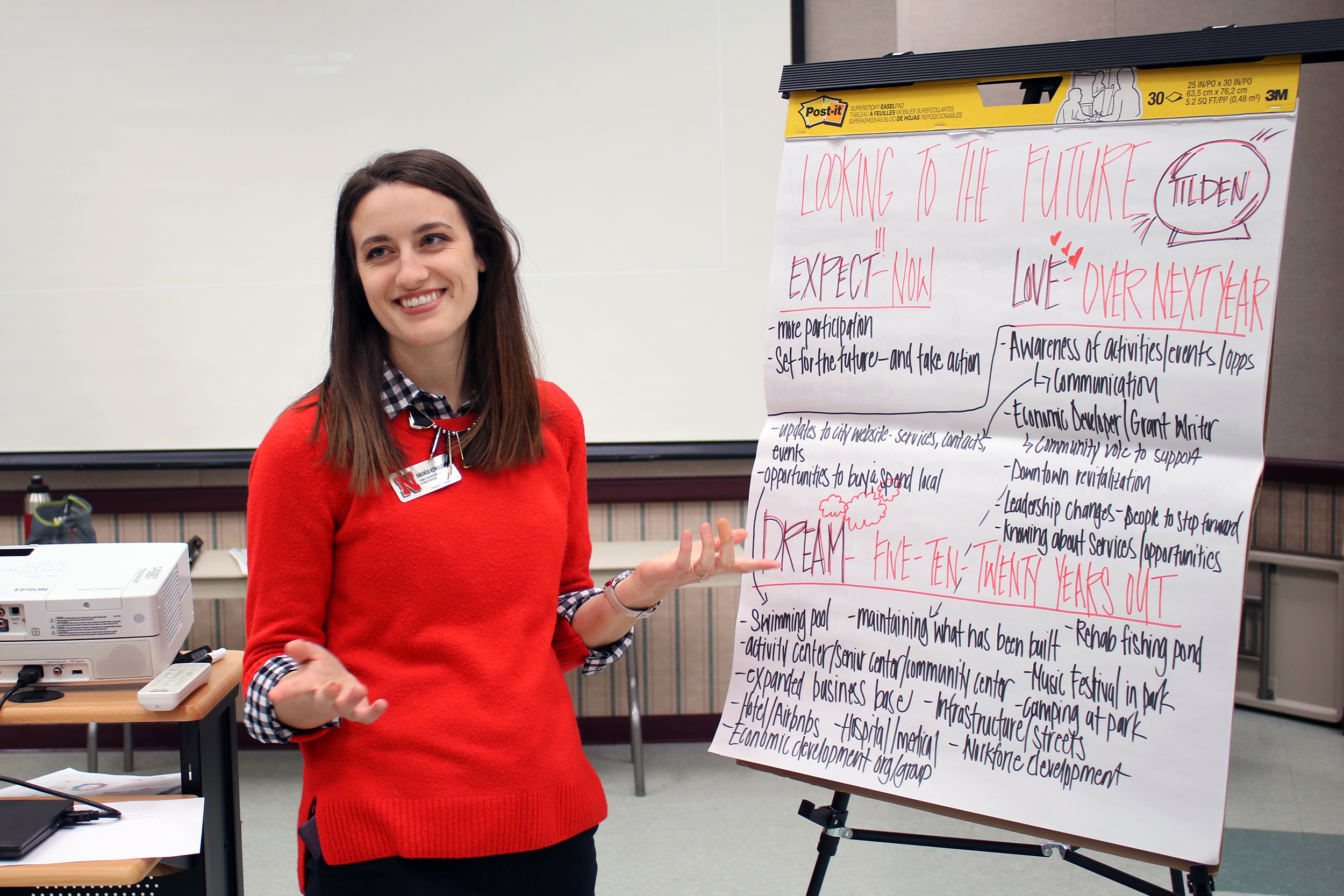 Amanda Kowalewski writes down residents’ ideas about community development during an Entrepreneurial Community Activation Process meeting in Tilden, Nebraska.