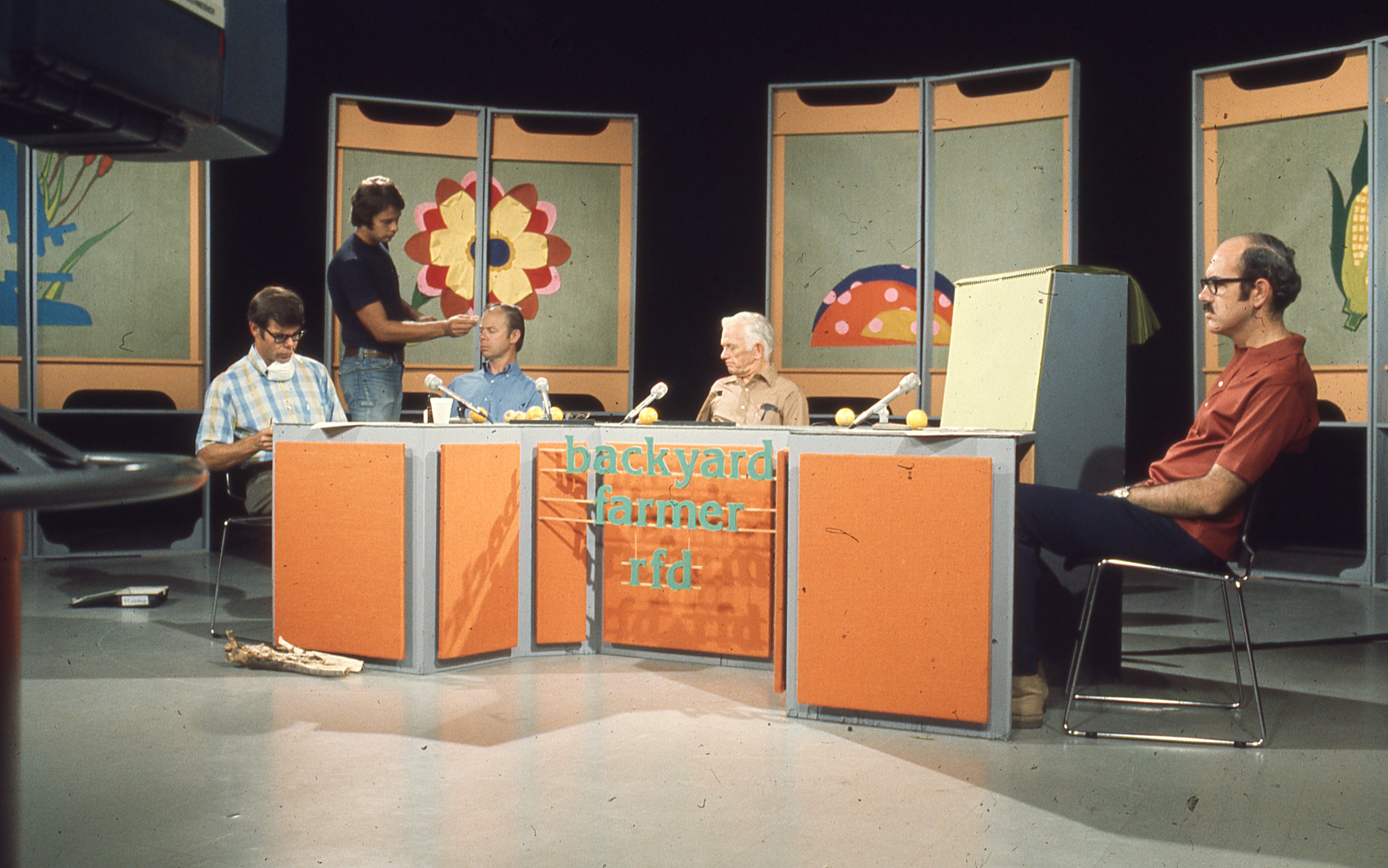 This “Backyard Farmer” photo from the 1970s shows (from left) Dave Wysong, extension plant pathologist; Don Steinegger, extension horticulture specialist; Bob Roselle, extension entomologist; and Tom Bare, host.