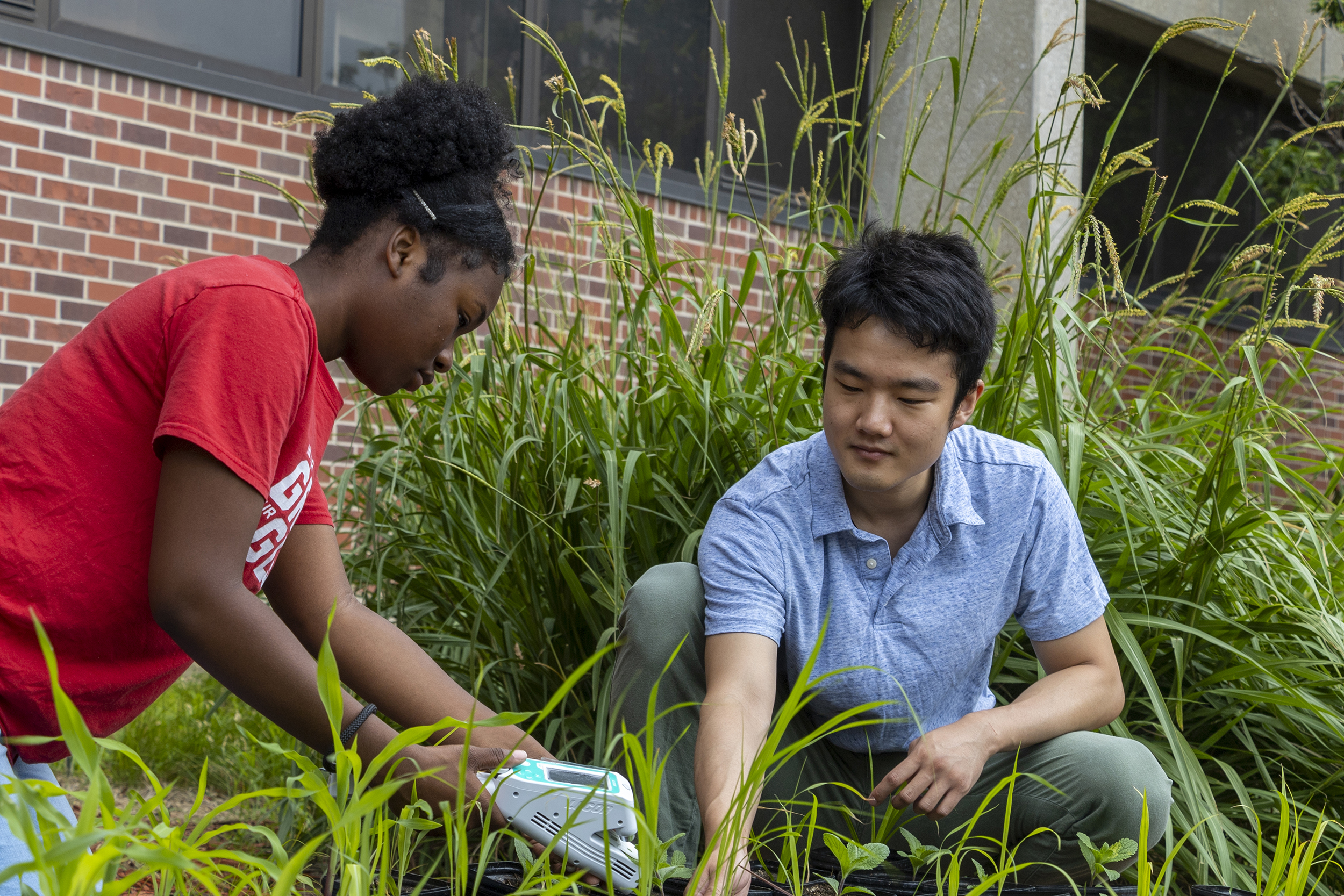 Clementine Ewomsan, a member of the STEM-POWER Research Program’s 2022 summer cohort, works with Yuguo Yang, a graduate student in biological sciences, during her summer research appointment.