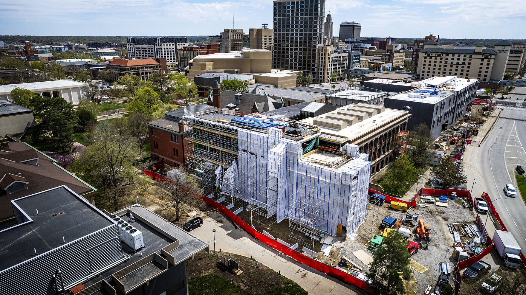 The north addition to Architecture Hall (shown here, wrapped in scaffolding and protective plastic) at the University of Nebraska–Lincoln will be named HDR Pavilion in honor of the College of Architecture's longstanding collaboration with HDR.