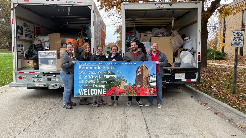 Members of the CEHS Staff Council loaded two moving trucks full of donated items to help refugees settling in Nebraska.