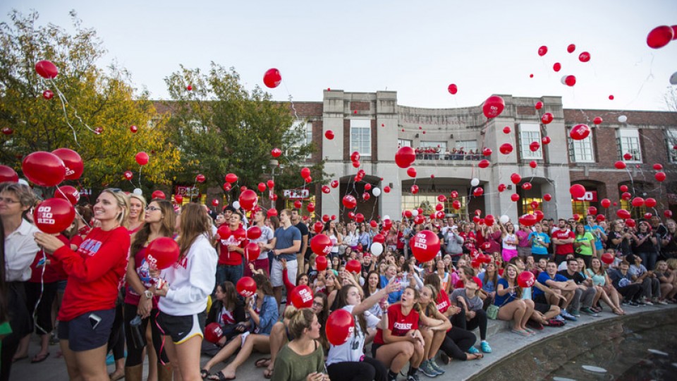 Participants in UNL's 2013 Homecoming festivities release balloons around Broyhill Fountain outside the Nebraska Union. Activities for UNL's 2014 Homecoming begin with a 5K fun run on Sept. 21.