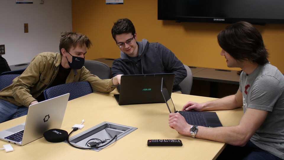School of Computing Senior Design students (left to right) Cole Vaske, Will Swiston, Cody Binder work on their collaborative project with the Nebraska Water Center.