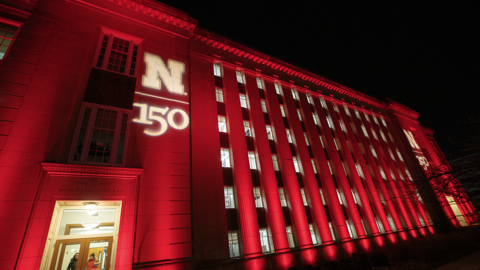 In honor of the university's 150th birthday, several buildings on campus and the Nebraska Capitol Building lit up in red on Feb. 14 and 15.