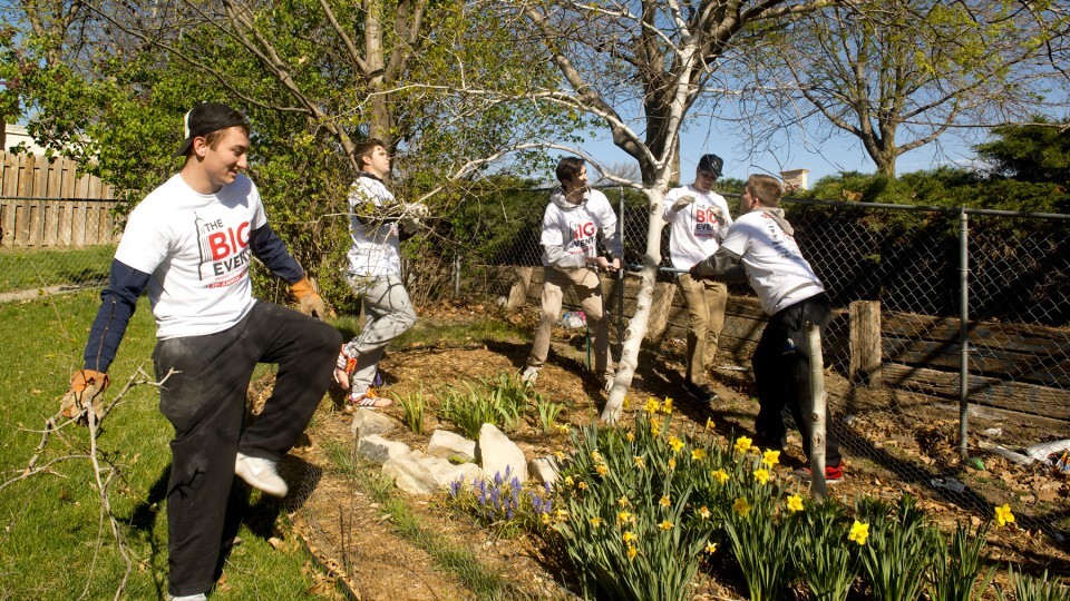 Sigma Alpha Epsilon members Parker Low, Joe Cooley, Clay Fiolo, Bryson Metcalf and Matt Bruning work during the 2016 Big Event project. The 2017 event is April 8.