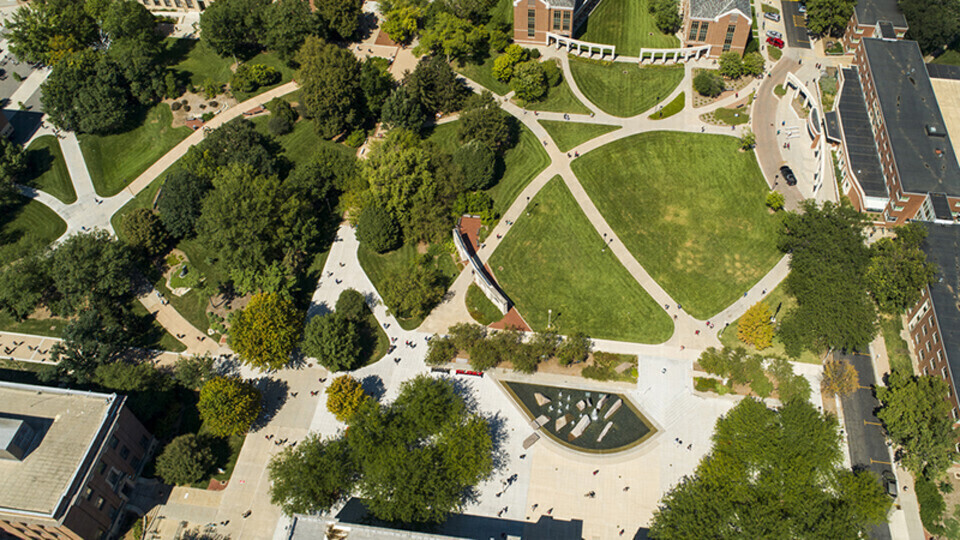 Aerial view of city campus overlooking the Union Plaza and Meier Commons