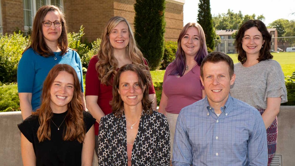 Researchers investigating undergraduate students’ strategies for completing out-of-class homework include, front row, from left: Allison Upchurch, Dana Kirkwood-Watts and Brian Couch. Back row, from left: Lorey Wheeler, Kati Brazeal, Sarah Spier and Gabri