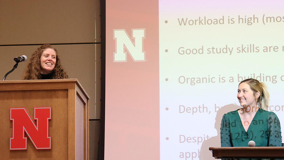 Trisha Vickrey and undergraduate researcher, Kelbie Schnieder, presented findings from Vickrey’s grant-supported investigation into narrowing achievement gaps in Organic Chemistry 251. November 11, 2022. Photo by Molly Mayhew / CTT 