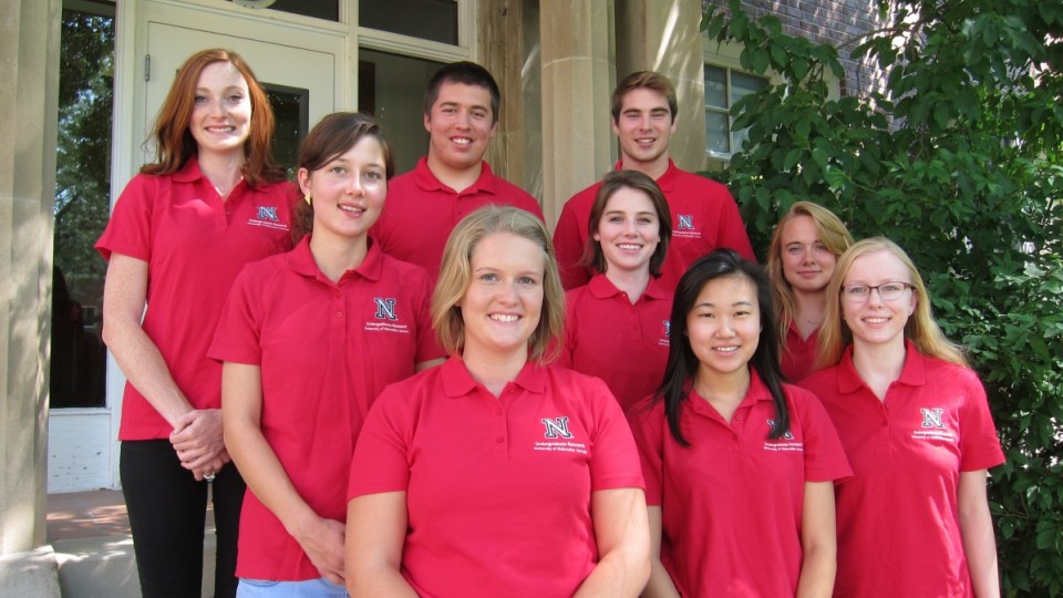 The 2015-2016 Undergraduate Research Ambassadors are (front row, from left) Kourtney Meysenburg, Vicki Liue, Celeste Labedz, (second row) Lee Kreimer, Schuyler Chambers, Adrienne Ricker, (back row) Morgan Mallisee, Daniel Rico and Kevin Real. 