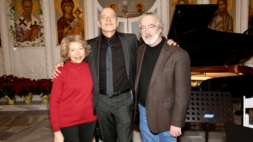 Paul Barnes (center) with composers J.A.C. Redford and Victoria Bond at his performance Dec. 12 at St. Nicholas Greek Orthodox Church in New York City. Courtesy photo.