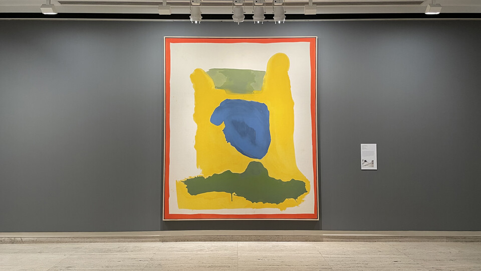 "Red Frame," a painting by Helen Frankenthaler is on view in the exhibition "Sheldon in Focus: The New York School."
