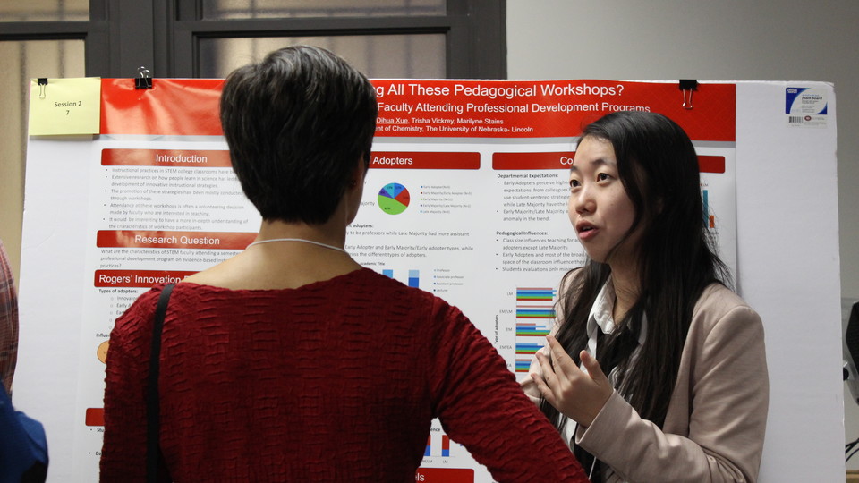 Dihua Xue (graduate student in chemical education) shares the results of her project with Amy Spiegel (research associate professor in Educational Psychology) at the 2015 retreat. 