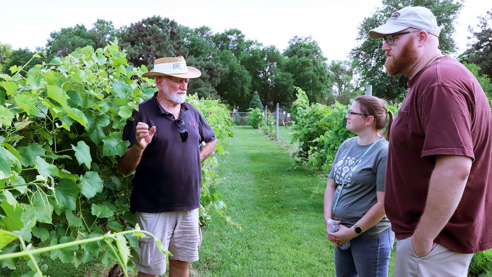 Professor Paul Read discusses wine grape research at the July 2 viticulture tailgate with attendees Megan and Sean Cox from Omaha in the University of Nebraska–Lincoln East Campus vineyard.