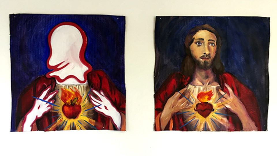 Michael Johnson, “Wiggle Jesus” (diptych), oil paint on gessoed cardboard, 60” x 60”, 2019.