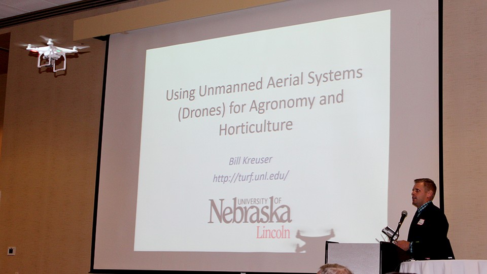 Bill Kreuser, assistant professor, UNL Agronomy and Horticulture, demonstrates flying an unmanned aerial system.