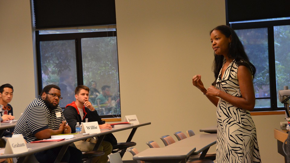 Stephanie Espy leads the GMAT Strategy Workshop held in May at the UNL College of Business Administration. 