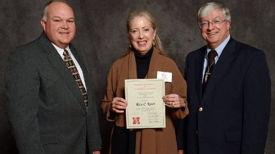 L-$: Bryan Reiling, Rita Kean, Timothy Draftz at the 2014 UNL Faculty and Staff Recognition for Contributions to Students Ceremony