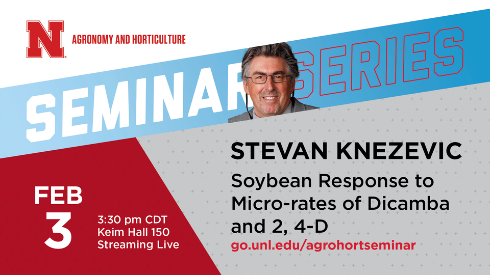 The spring Agronomy and Horticulture seminar series begins with “Soybean Response to Micro-rates of Dicamba and 2, 4-D” presented by Nebraska’s Stevan Knezevic on Feb. 3.