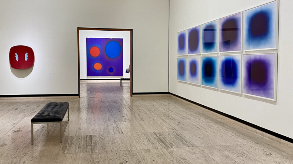Abstract artworks by Ron Gorchov, Dan Christensen and Anish Kapoor hang in the Sheldon Museum of Art. They works are part of the new exhibition, "Point of Departure: Abstraction 1858-Present."