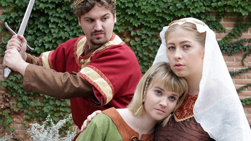 The University Theatre production of "Silence" features (from left) Ryan Rabstanjek as King Ethelred, Bren Hill as Silence and Maggie Austin as Princess Ymma.