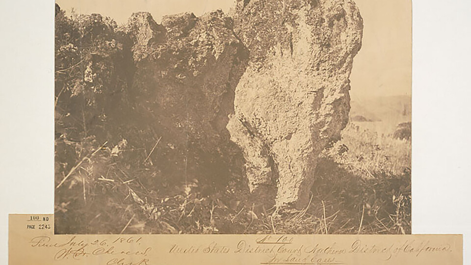 Carleton Watkins, “Rancho San Antonio Rock Outcropping, Exhibit no. 6” (1861). Salted paper print. Courtesy of The Bancroft Library, UC Berkeley, BANC PIC 19xx.096:06—ffALB.   