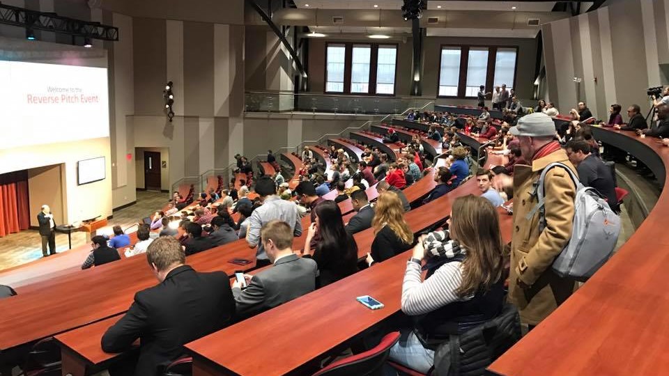 Students and community members gather in the Nebraska Innovation Campus auditorium in January for the Reverse Pitch event.