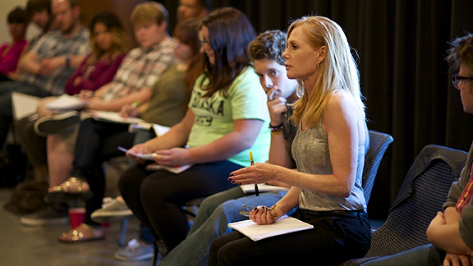 Marg Helgenberger (right) works with students in Laura Lippman's intermediate acting class on Sept. 19.
