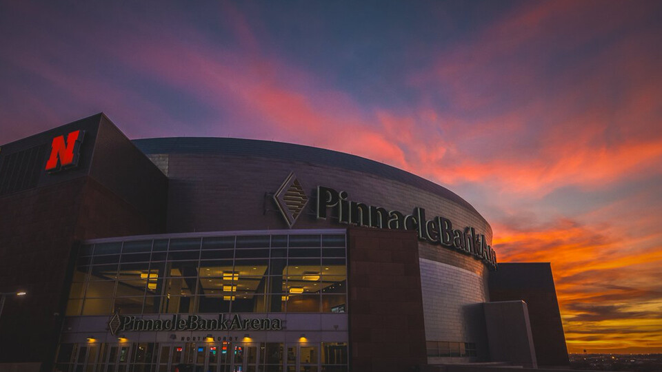 Pinnacle Bank Arena backgrounded by a sunset