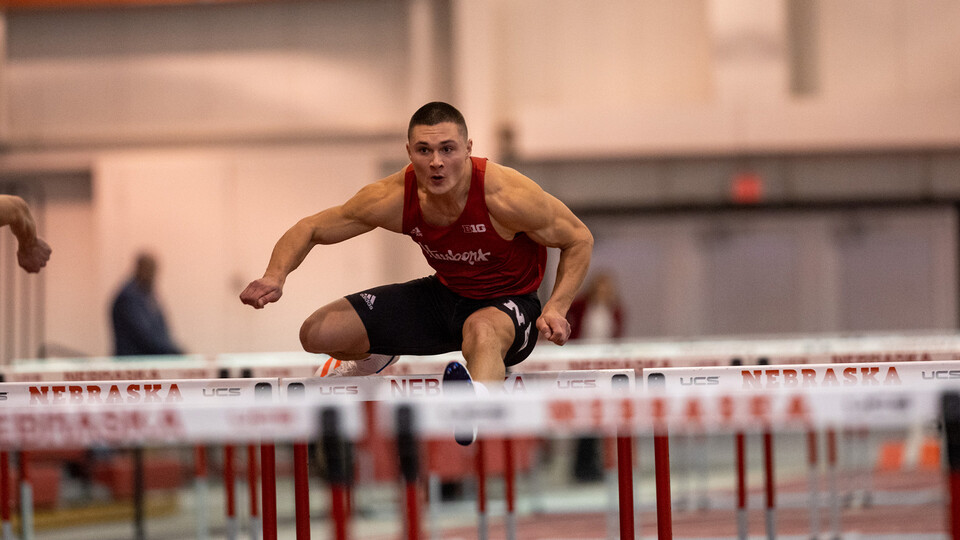 Nebraska's Till Steinforth powers to a 60-meter hurdles win in the heptathlon during the Frank Sevigne Husker Invitational on Feb. 3-4. Steinforth won the men's heptathlon event, scoring a new school record with 6,082 points. Learn more at https://go.unl.edu/2fuo.