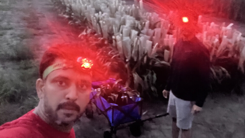 Two researchers wearing red-tinted headlamps peer into the camera