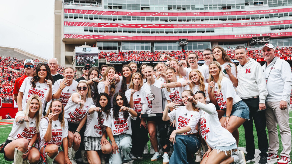 The Nebraska women’s soccer team celebrates their 2023 Big Ten regular season championship while being introduced on the field at Memorial Stadium during the Red-White spring football scrimmage on April 27. Learn more at https://go.unl.edu/89ig.