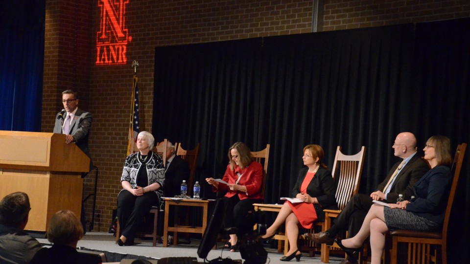Ronnie Green, (standing, far left) vice chancellor of the Institute of Agriculture and Natural Resources, talks during the Heuermann Lecture on April 22. The event featured a panel that included (seated, from left) Marjorie Kostelnik, Joan Lombardi, Nurper Ulkuer, Chris Elias and Helen Raikes.