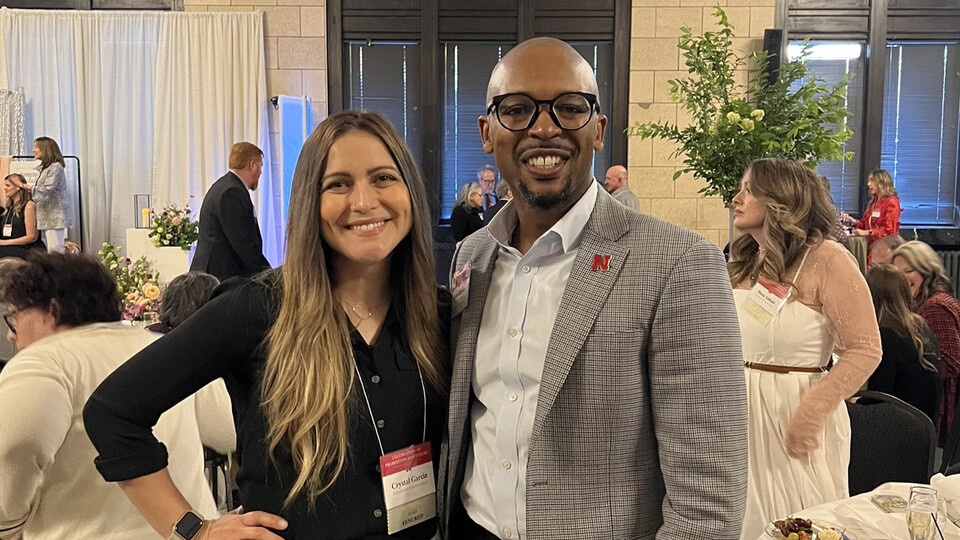 Marco Barker, vice chancellor for diversity and inclusion, offered congratulations to faculty members Crystal Garcia and Maxey Harris during the Office of the Executive Chancellor’s promotion and tenure celebration on May 6. Learn more at https://go.unl.edu/z9sy.