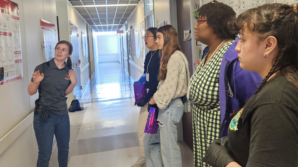 Nicole Buan, associate professor of biochemistry, showcased a student talking to high school students about her research into engineering methanogens as part of the 2024 Women in STEM Conference. Learn more at https://go.unl.edu/bwvp.