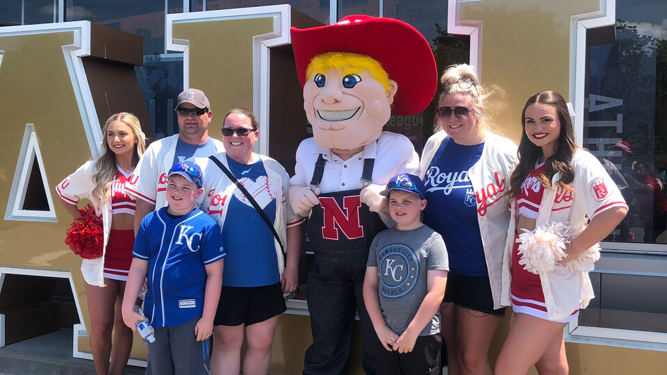 Herbie Husker and Nebraska Spirit Squad with KC Royals fans