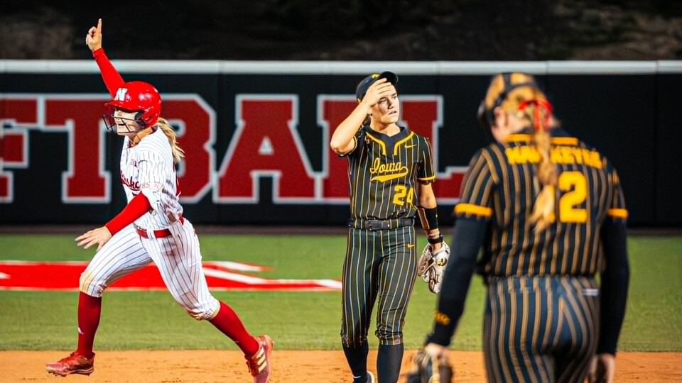 Nebraska catcher Ava Bredwell celebrates after hitting the game winning homerun in Husker softball’s 7-6 win over Iowa on April 23. The Huskers swept the Hawkeyes in a doubleheader, earning two walk-off victories. Learn more at https://go.unl.edu/s8rv