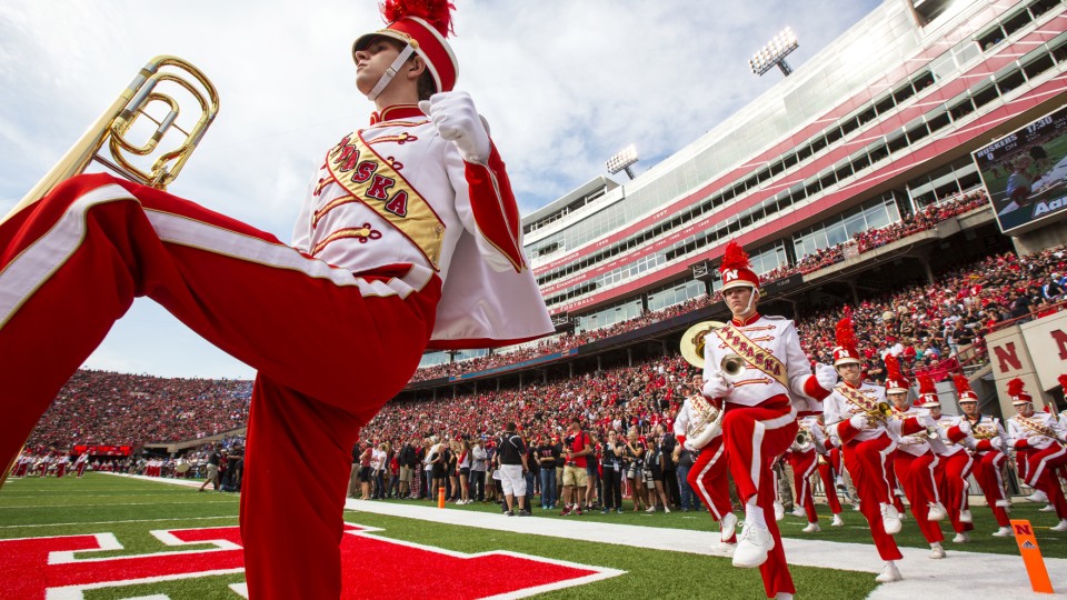 The Cornhusker Marching Band takes the field prior to the Nebraska/UCLA football game on Sept. 14. The annual Cornhusker Marching Band Highlights Concert is Dec. 17 at the Lied Center. (© 2013, The Board of Regents of the University of Nebraska. All rights reserved.)