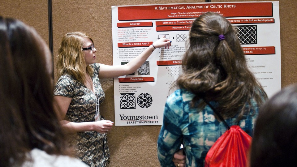 A UNL student presents research during the 2014 Nebraska Conference for Undergraduate Women in Mathematics. Students will present their research during the Nebraska Summer Research Symposium, 1 to 3 p.m. Aug. 12 in the Nebraska Union.