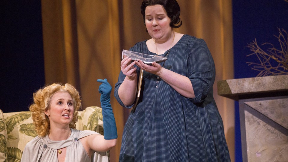 Cinderallas Jamie Unger (from left) and Alexandra Tiller react to the glass slipper being the only memento of the ball during a Feb. 18 rehearsal of Jules Massenet's "Cendrillon." The UNL opera program performs the spin on the classic Cinderella tale on Feb. 21 and 23.