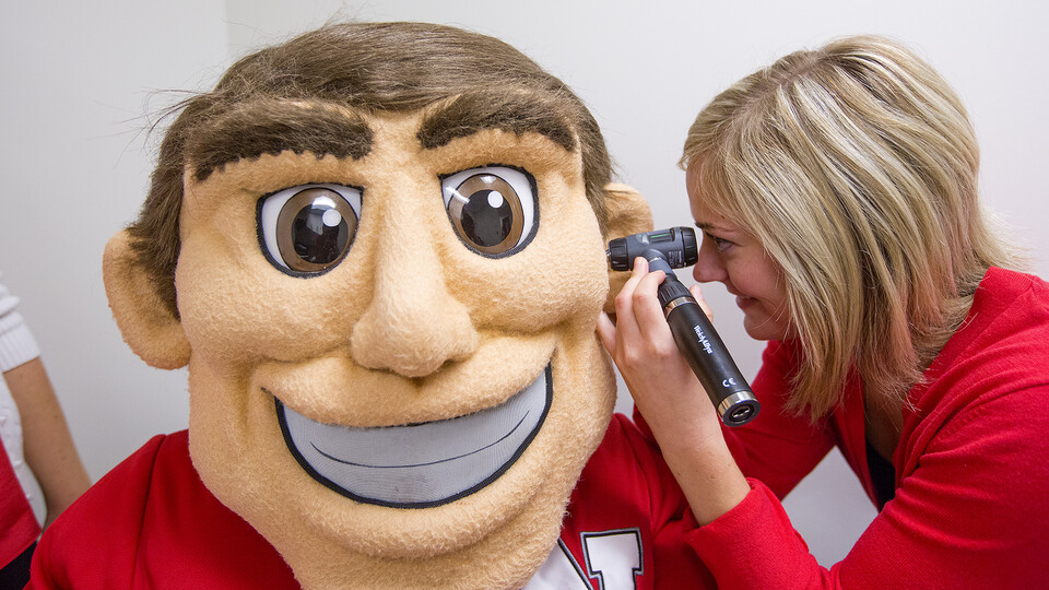 Herbie Husker gets his hearing checked on campus.