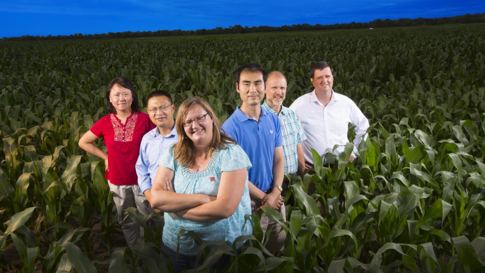 A UNL team is studying how climate and agricultural changes influence groundwater quality. From left: Yusong Li, civil engineering; Zhenghong Tang, community and regional planning; Shannon Bartelt-Hunt, civil engineering; Xu Li, civil engineering; Dan Snow, Nebraska Water Center; and Eric Thompson, economics. Not pictured is David Rosenbaum, economics.