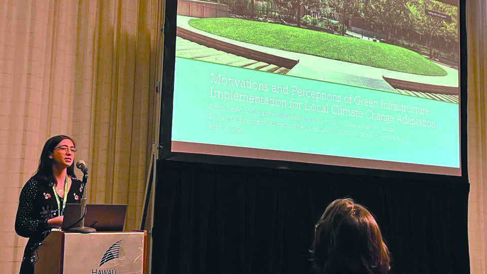 Emmi Berksi, a graduate student in geography, presented research regarding green infrastructure implementation during the American Association of Geographers conference, April 16-20 in Honolulu, Hawaii. Learn more at https://go.unl.edu/xsby.