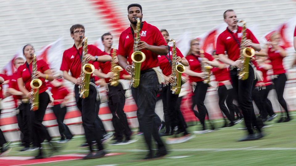 Members of the 2015 Cornhusker Marching Band perform during an Aug. 21 exhibition in Memorial Stadium.