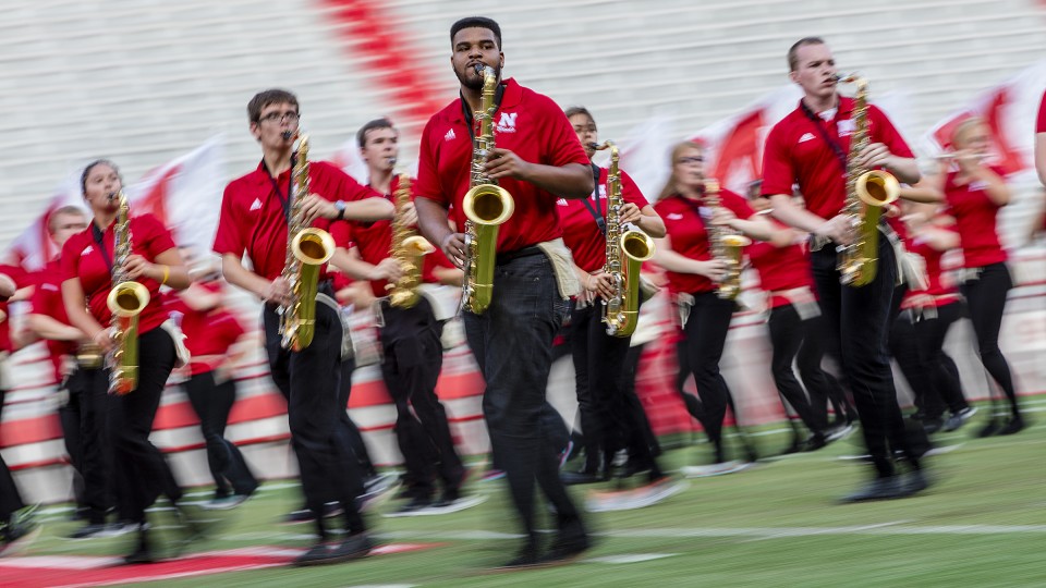 Members of the Cornhusker Marching Band perform during the 2015 exhibition in Memorial Stadium. The 2016 exhibition is 7 p.m. Aug. 19.
