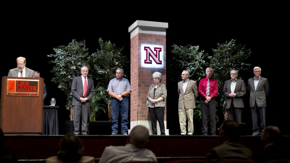 Employees who have worked at UNL for 45 years await an awards presentation during the 2015 Employee Service Awards at the Lied Center for Performing Arts on Sept. 30.
