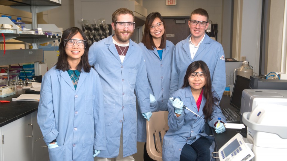 UNL chemists (from left) Tiffany Truong, Travis Nelson, Quyen Vu, Cliff Stains and Jia "Emma" Zhao.