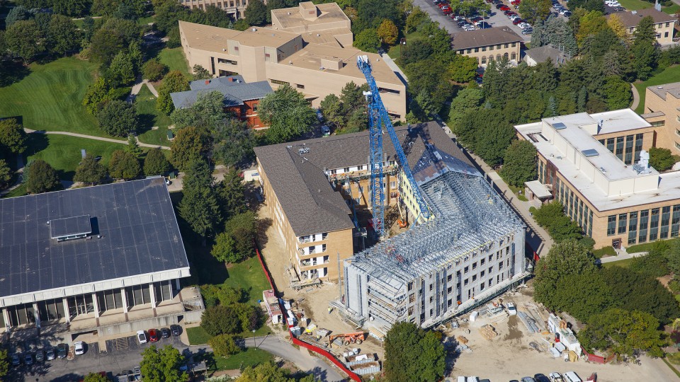 Aerial view of the new East Campus residence hall under construction.