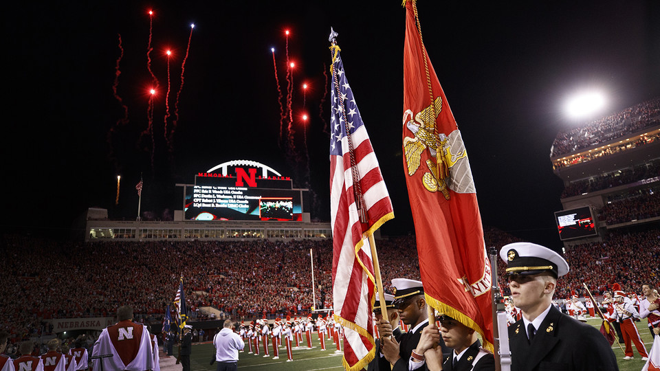 Fireworks fly during pregame festivities in Memorial Stadium for the 2016 game with the University of Minnesota. John Philip Sousa, who wrote "The Stars and Stripes Forever," also composed a march for Dear Old Nebraska U. 